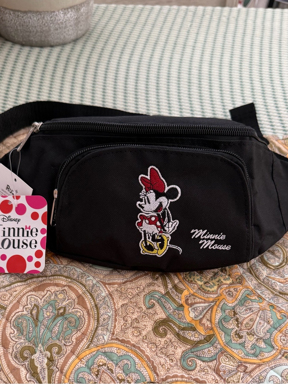Disney Minnie Mouse Black Waist Fanny Pack Bag Embroidered Classic Red Bow NWT